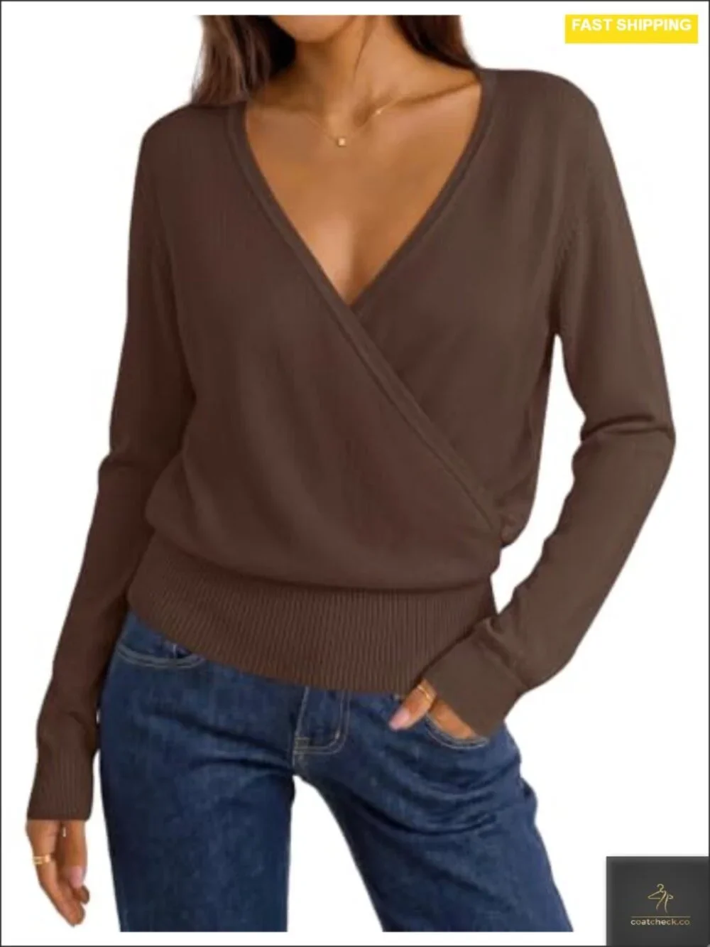 V Neck Wrap Sweater for Women Long Sleeve Knit Pullover Hidden Snap